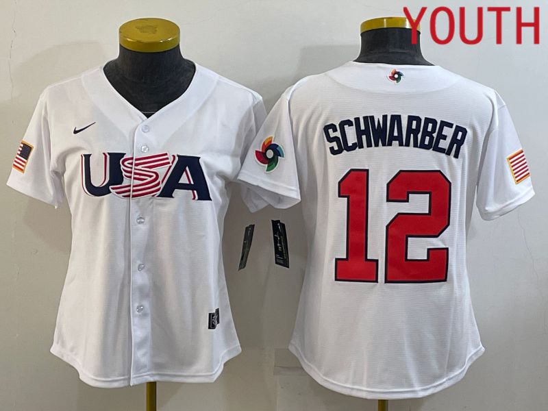 Youth 2023 World Cub USA #12 Schwarber White MLB Jersey8